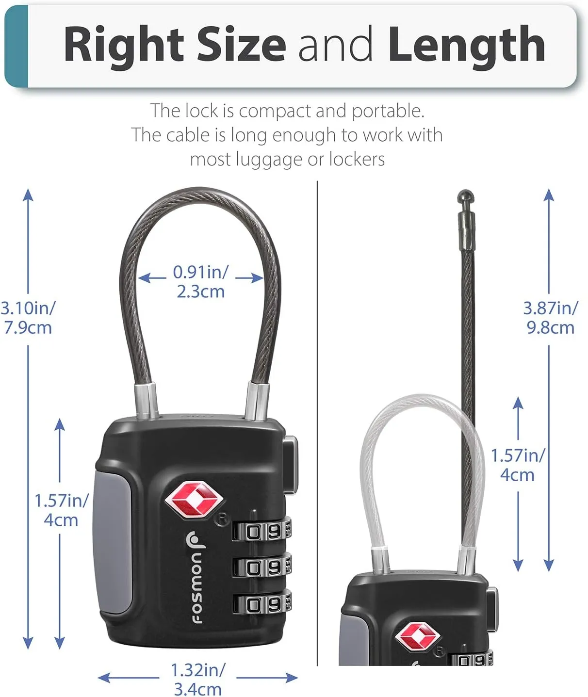 Fosmon TSA Approved Luggage Locks, Cable Suitcase Travel Lock, 3 Digit Long Shackle Combination Padlock, Wire Lock for Gym Locker, Backpack Anti Theft