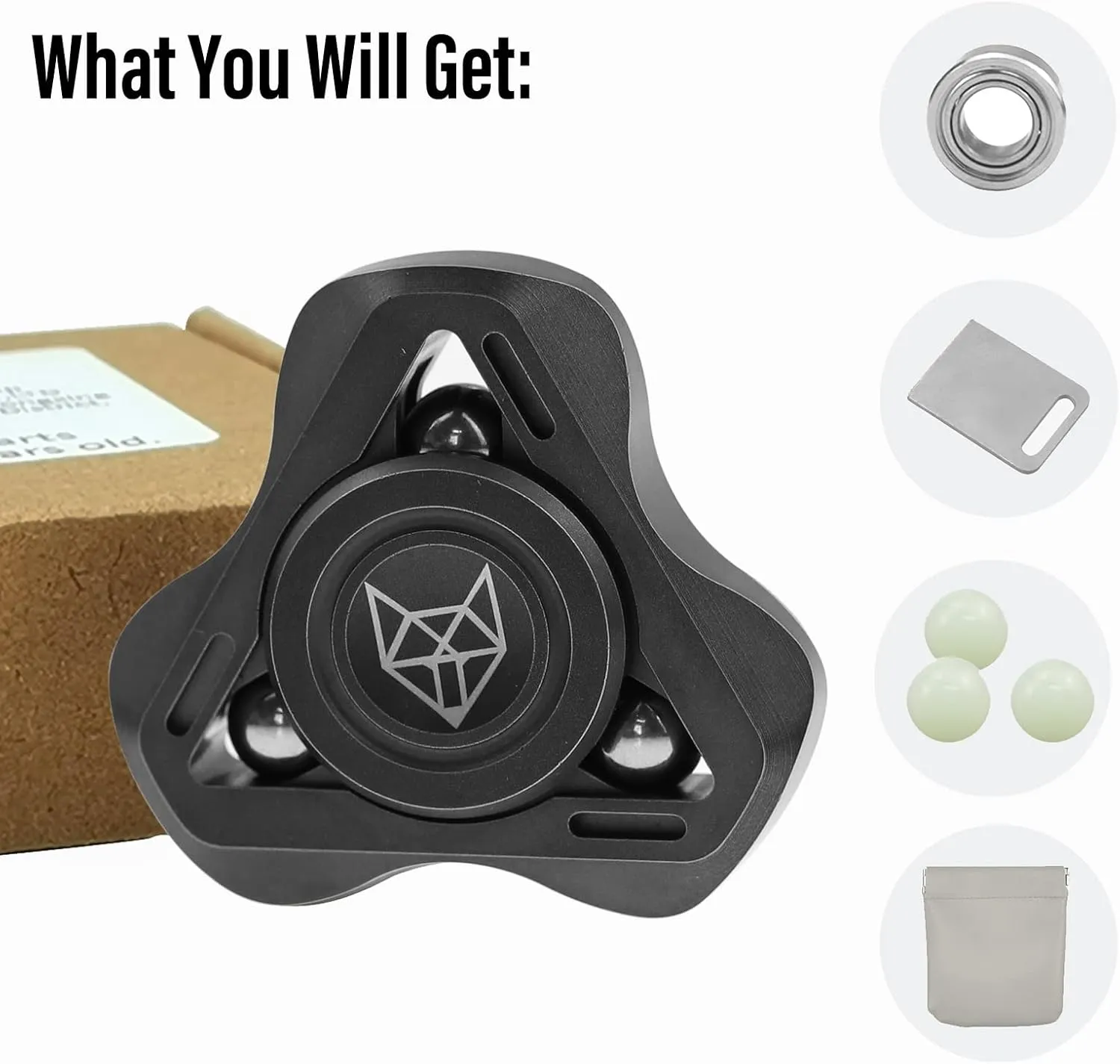 FREELOVE Upgraded Fox Metal Fidget Spinner for Adults, Steel/Glow Balls Clicking Noise, Mini Small Tiny Pocket Tri Finger Gyro, Long Spinning Premium Bearing Toy, Stainless Steel CNC, Stone Black