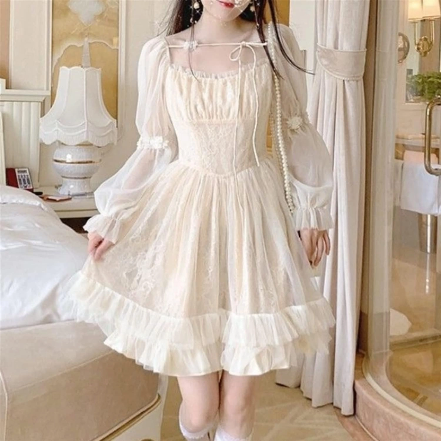 French Fairy Niche Lace Dress Women Long Sleeve Vintage Design New Dress