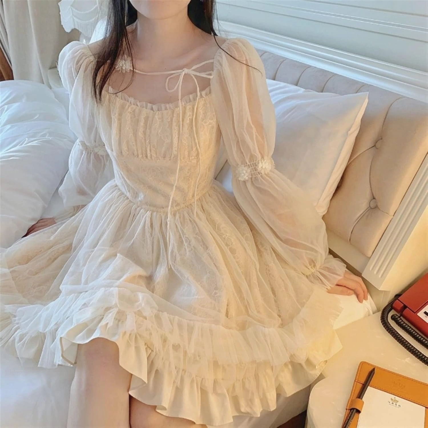 French Fairy Niche Lace Dress Women Long Sleeve Vintage Design New Dress