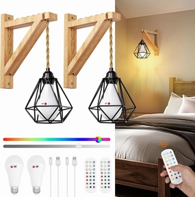 Frideko Boho Rechargeable Battery Operated Wall Sconces Set of Two with Remote, 15 Colors RGB Dimmable Wireless Wall Light, Indoor Wall Lamp with 3 Timer, Farmhouse Sconces Wall Lighting for Bedroom