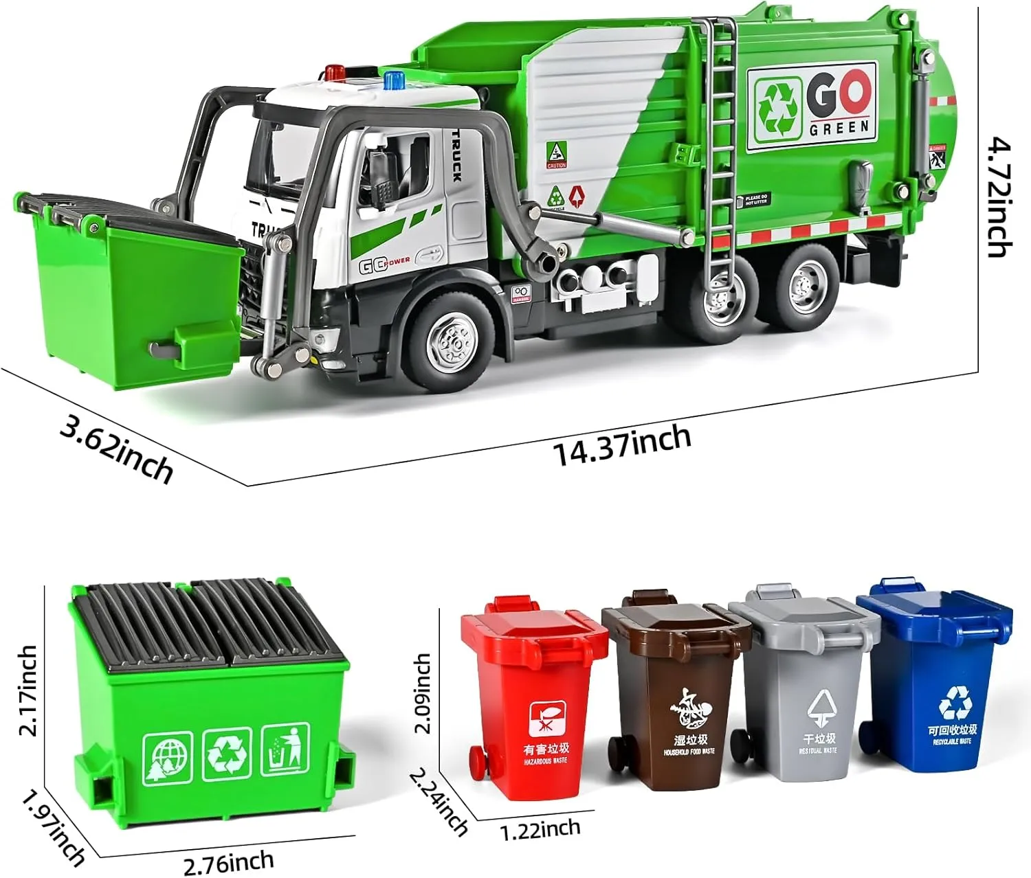 Front Loader Arm Toy Garbage Truck with Auto Lift Function,Diecast Garbage Truck Metal Cab,Friction Powered Garbage Truck Toy with Lights and Sounds,Garbage Trucks for Boys Age 4-7（Green）