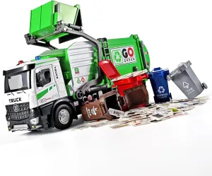 Front Loader Arm Toy Garbage Truck with Auto Lift Function,Diecast Garbage Truck Metal Cab,Friction Powered Garbage Truck Toy with Lights and Sounds,Garbage Trucks for Boys Age 4-7（Green）