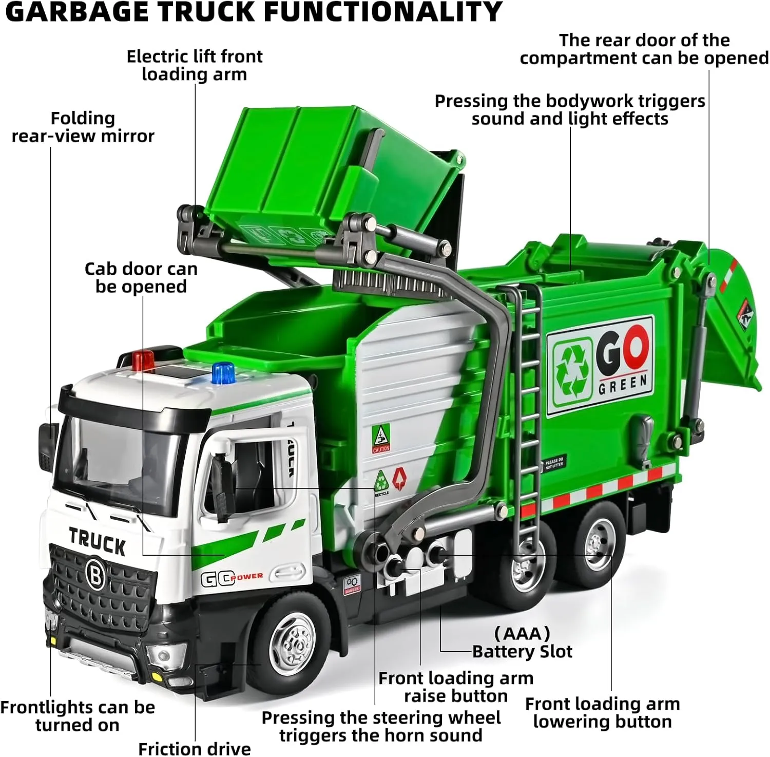 Front Loader Arm Toy Garbage Truck with Auto Lift Function,Diecast Garbage Truck Metal Cab,Friction Powered Garbage Truck Toy with Lights and Sounds,Garbage Trucks for Boys Age 4-7（Green）