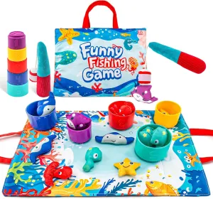 Funny Old Man Fishing Game for Toddlers 1-3, Sorting & Stacking Baby Toys with 2 Fishing Poles, 15 Sea Animals, 5 Stackable Buckets, Ocean Mat - Montessori Toys for 6M 