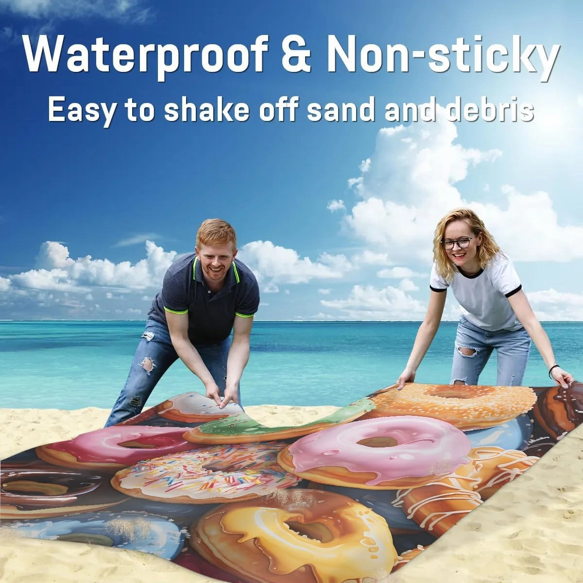 Funny Doughnut Beach Blanket, Sandproof Beach Mat, 68 x 59 Waterproof Quick Drying Sand Free Mat with 4 x Ground Spikes for Outdoor Travel Camping Hiking, Doughnuts
