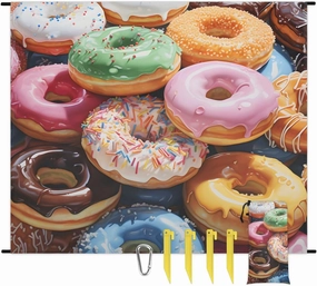 Funny Doughnut Beach Blanket, Sandproof Beach Mat, 68 x 59 Waterproof Quick Drying Sand Free Mat with 4 x Ground Spikes for Outdoor Travel Camping Hiking, Doughnuts