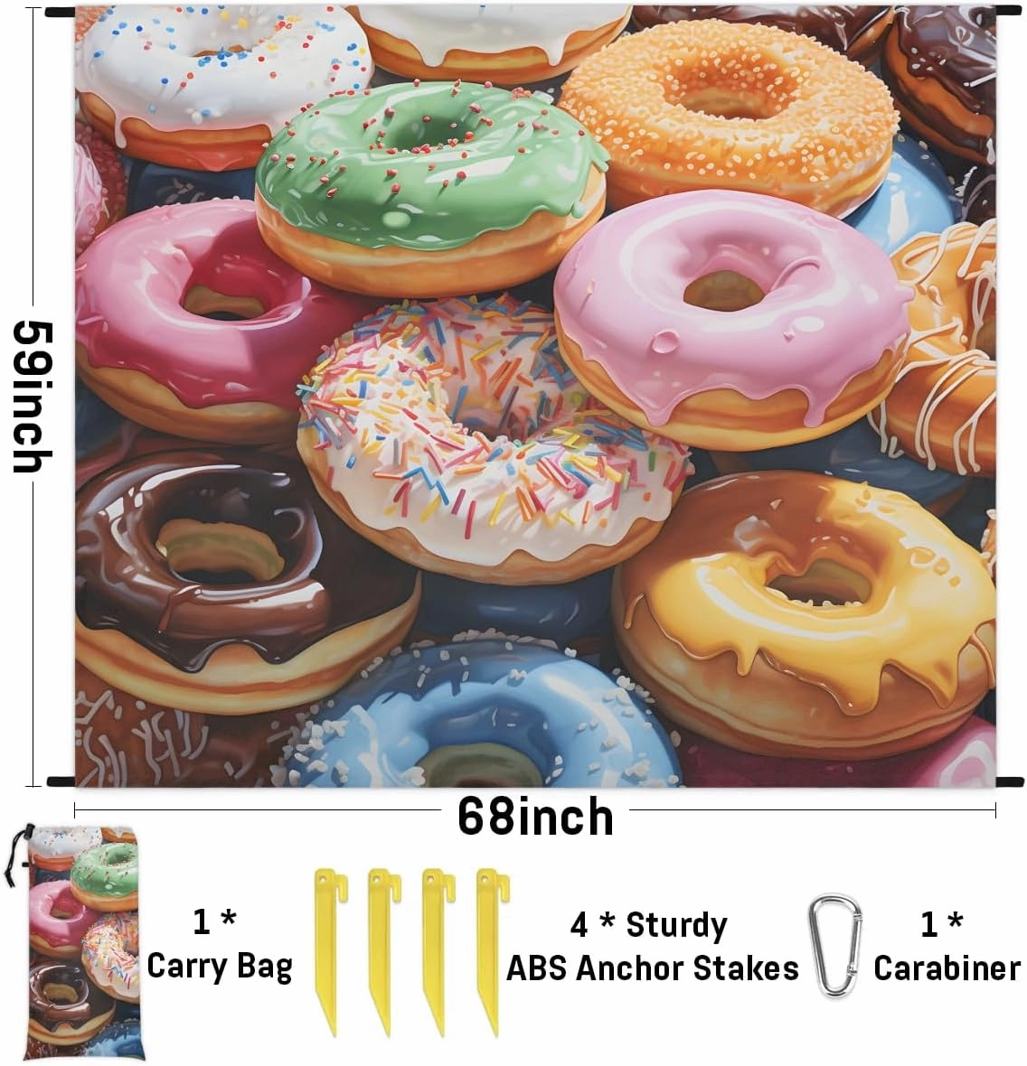 Funny Doughnut Beach Blanket, Sandproof Beach Mat, 68 x 59 Waterproof Quick Drying Sand Free Mat with 4 x Ground Spikes for Outdoor Travel Camping Hiking, Doughnuts