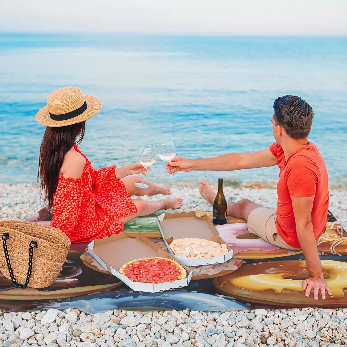 Funny Doughnut Beach Blanket, Sandproof Beach Mat, 68 x 59 Waterproof Quick Drying Sand Free Mat with 4 x Ground Spikes for Outdoor Travel Camping Hiking, Doughnuts