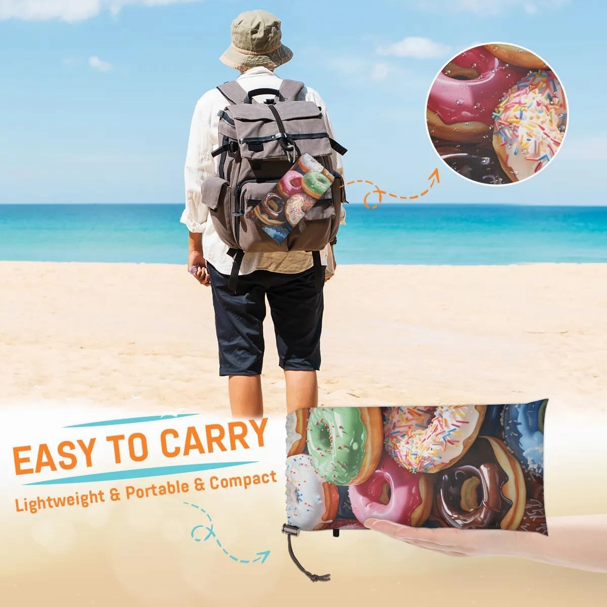 Funny Doughnut Beach Blanket, Sandproof Beach Mat, 68 x 59 Waterproof Quick Drying Sand Free Mat with 4 x Ground Spikes for Outdoor Travel Camping Hiking, Doughnuts