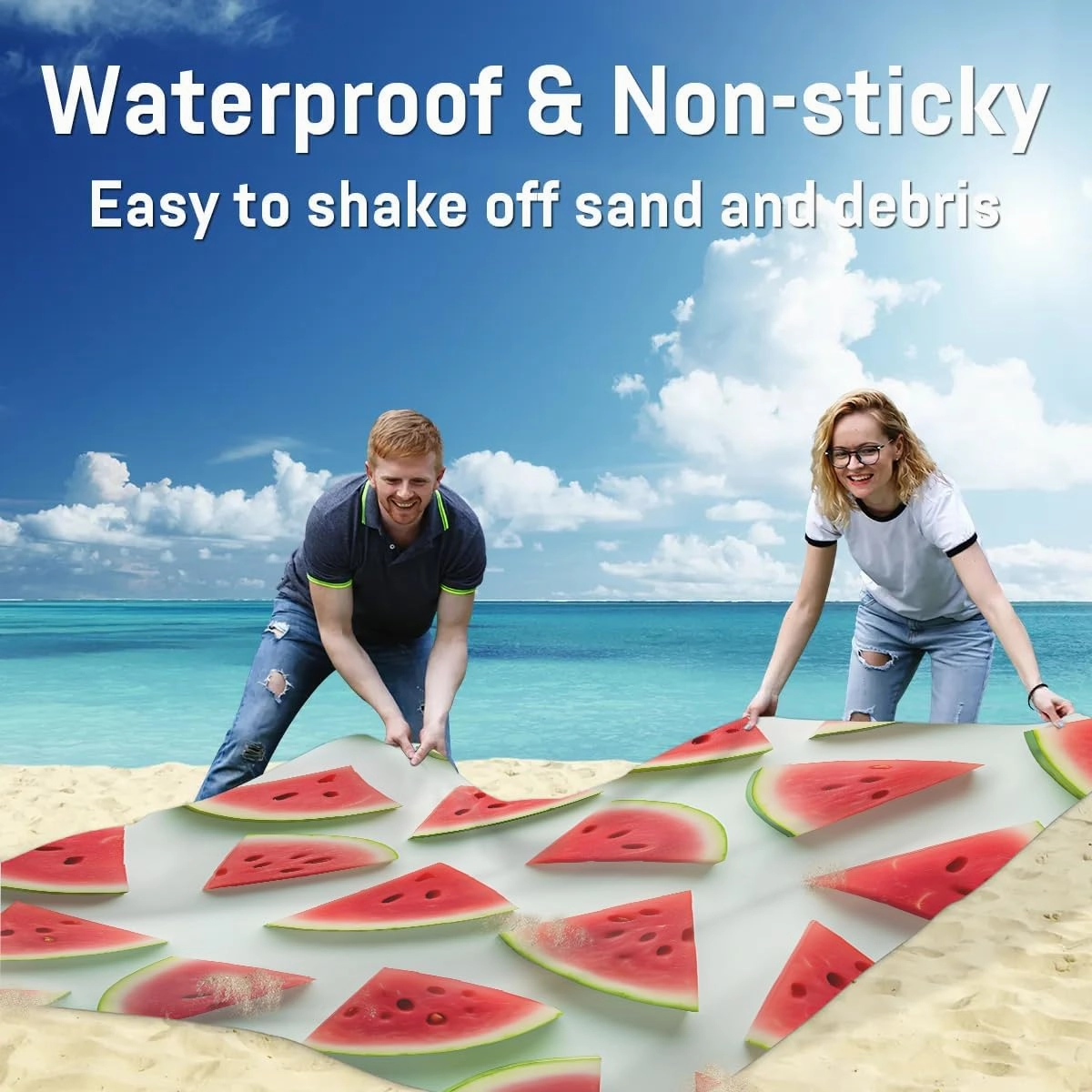 Funny Watermelon Beach Blanket, Sandproof Beach Mat, 68 x 59 Waterproof Quick Drying Sand Free Mat with 4 x Ground Spikes for Outdoor Travel Camping Hiking, Summer Watermelon