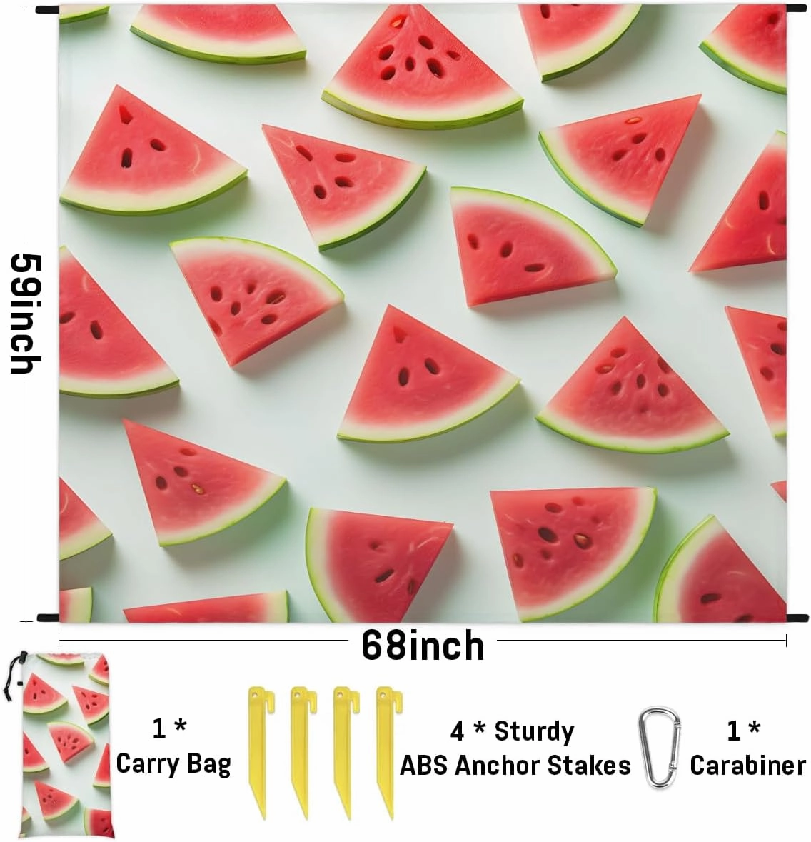 Funny Watermelon Beach Blanket, Sandproof Beach Mat, 68 x 59 Waterproof Quick Drying Sand Free Mat with 4 x Ground Spikes for Outdoor Travel Camping Hiking, Summer Watermelon