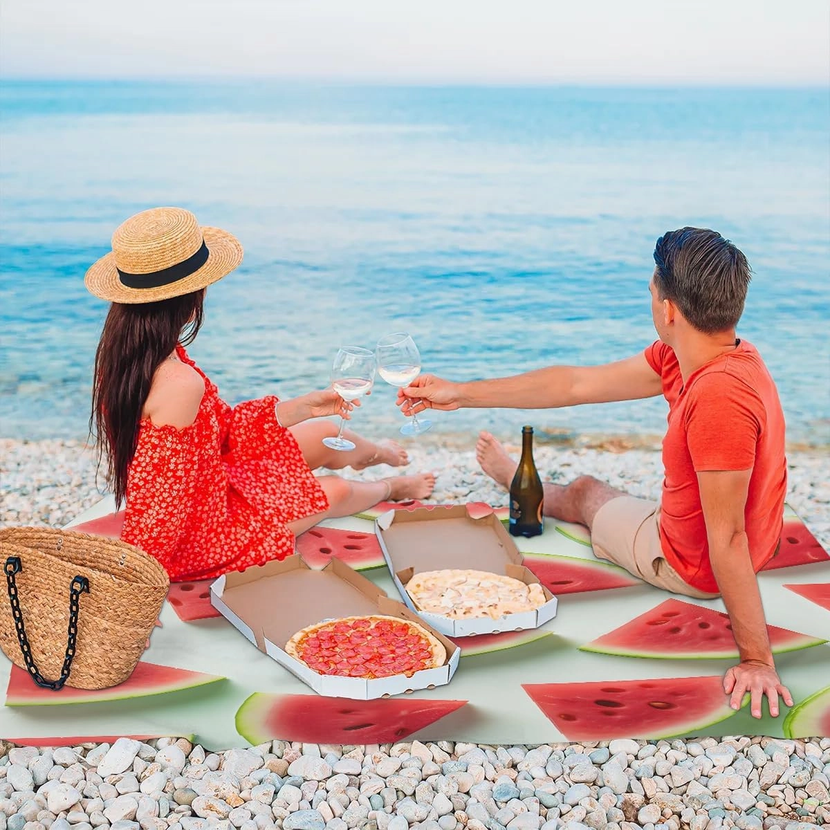 Funny Watermelon Beach Blanket, Sandproof Beach Mat, 68 x 59 Waterproof Quick Drying Sand Free Mat with 4 x Ground Spikes for Outdoor Travel Camping Hiking, Summer Watermelon