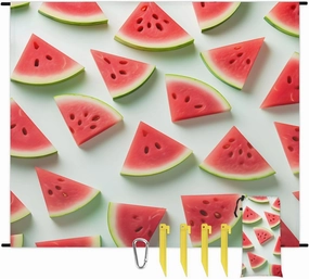 Funny Watermelon Beach Blanket, Sandproof Beach Mat, 68 x 59 Waterproof Quick Drying Sand Free Mat with 4 x Ground Spikes for Outdoor Travel Camping Hiking, Summer Watermelon