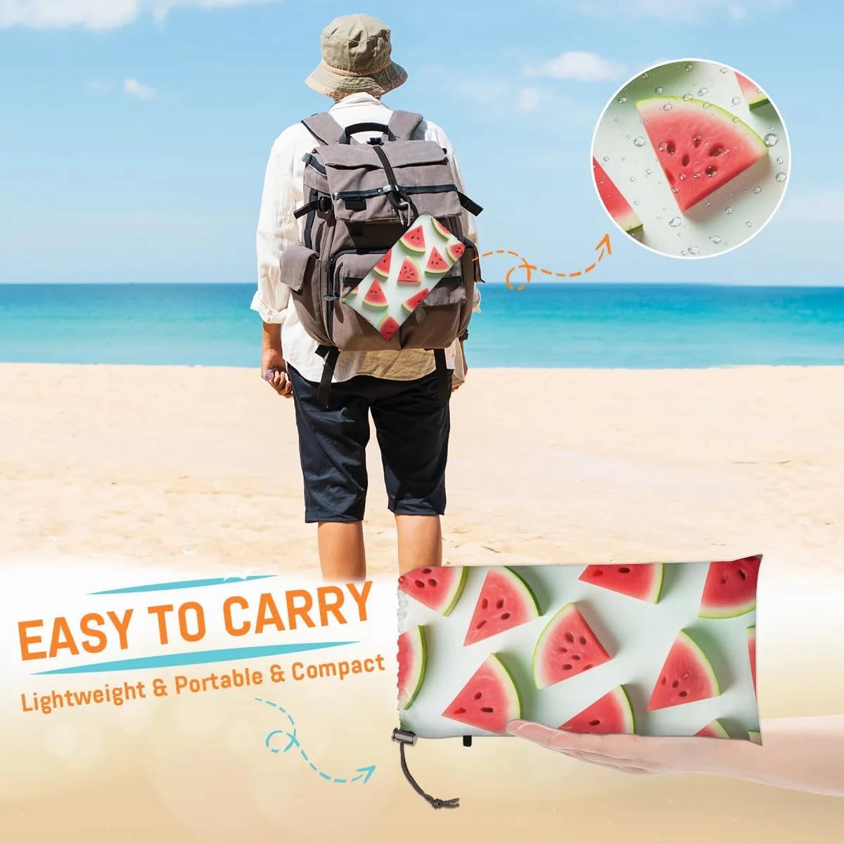 Funny Watermelon Beach Blanket, Sandproof Beach Mat, 68 x 59 Waterproof Quick Drying Sand Free Mat with 4 x Ground Spikes for Outdoor Travel Camping Hiking, Summer Watermelon