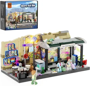 FUNWHOLE Graffiti Bus Stop Lighting Building Bricks Set - Street Fusion City Town Bus Station with LED Lgiht Multi-Form Modular Collection Kit 514 Pcs for Adults & Teens & Street Culture Lovers