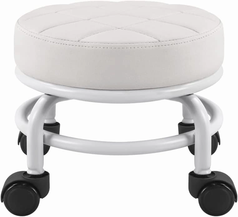 FURWOO Low Roller Seat PU Leather Rolling Stool with Wheels for Manicure, Mechanic,Home Office, Garage Shop White
