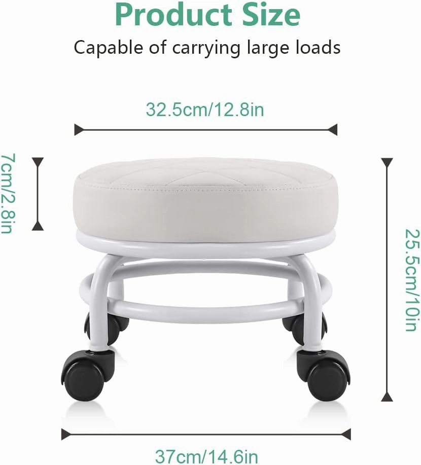 FURWOO Low Roller Seat PU Leather Rolling Stool with Wheels for Manicure, Mechanic,Home Office, Garage Shop White