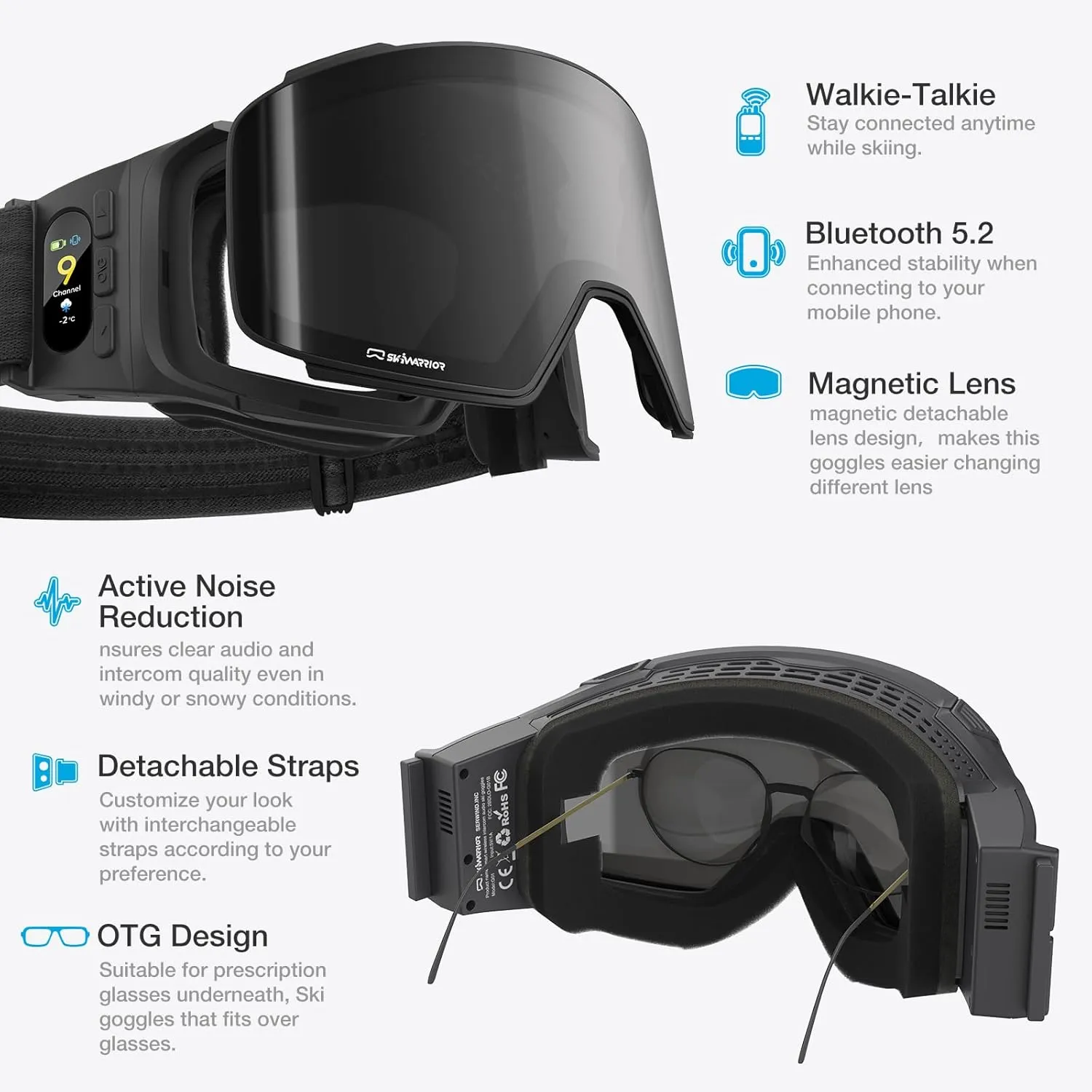 G02 Smart Ski Goggles With Interchangeable Magnetic Lenses,Snow Goggles Walkie-Talkie Play Music Answer Call