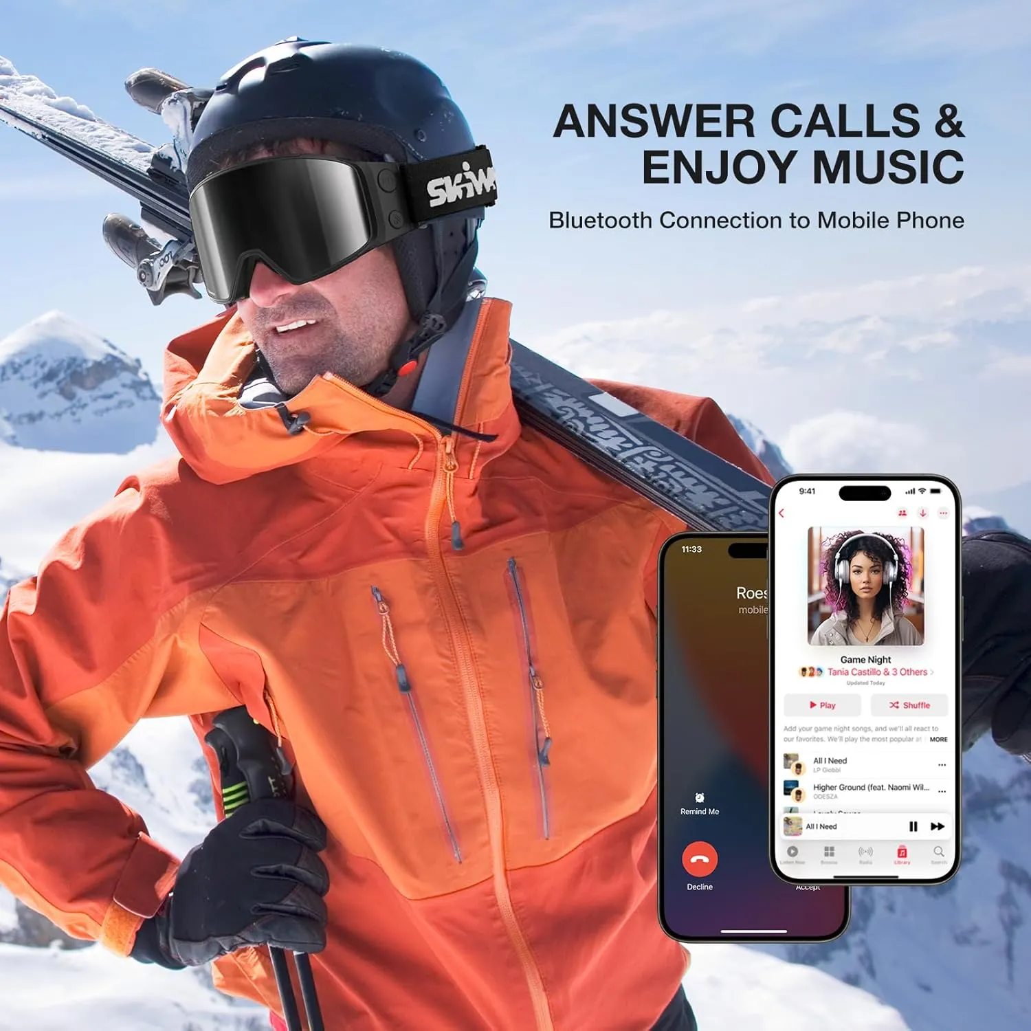 G02 Smart Ski Goggles With Interchangeable Magnetic Lenses,Snow Goggles Walkie-Talkie Play Music Answer Call