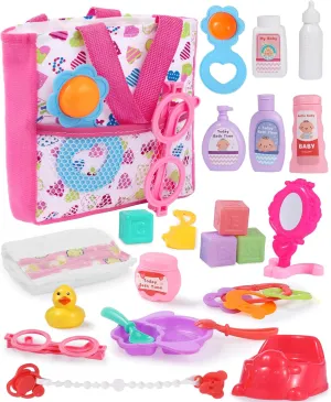 GAGAKU 23 Pack Baby Doll Accessories Set Baby Doll Feeding and Caring Set Includes Diaper Bag,Doll Diapers,Toys, Bottles,Pretend Play Set,Shower,Eating,and More, Perfect for Kids Toddlers and Girls