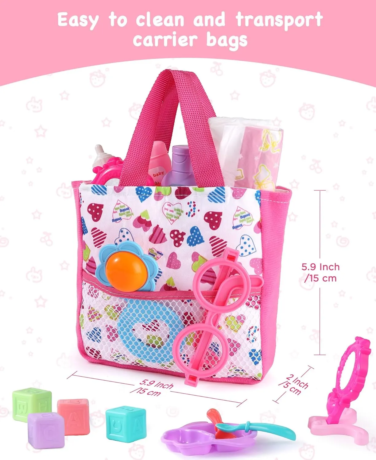 GAGAKU 23 Pack Baby Doll Accessories Set Baby Doll Feeding and Caring Set Includes Diaper Bag,Doll Diapers,Toys, Bottles,Pretend Play Set,Shower,Eating,and More, Perfect for Kids Toddlers and Girls