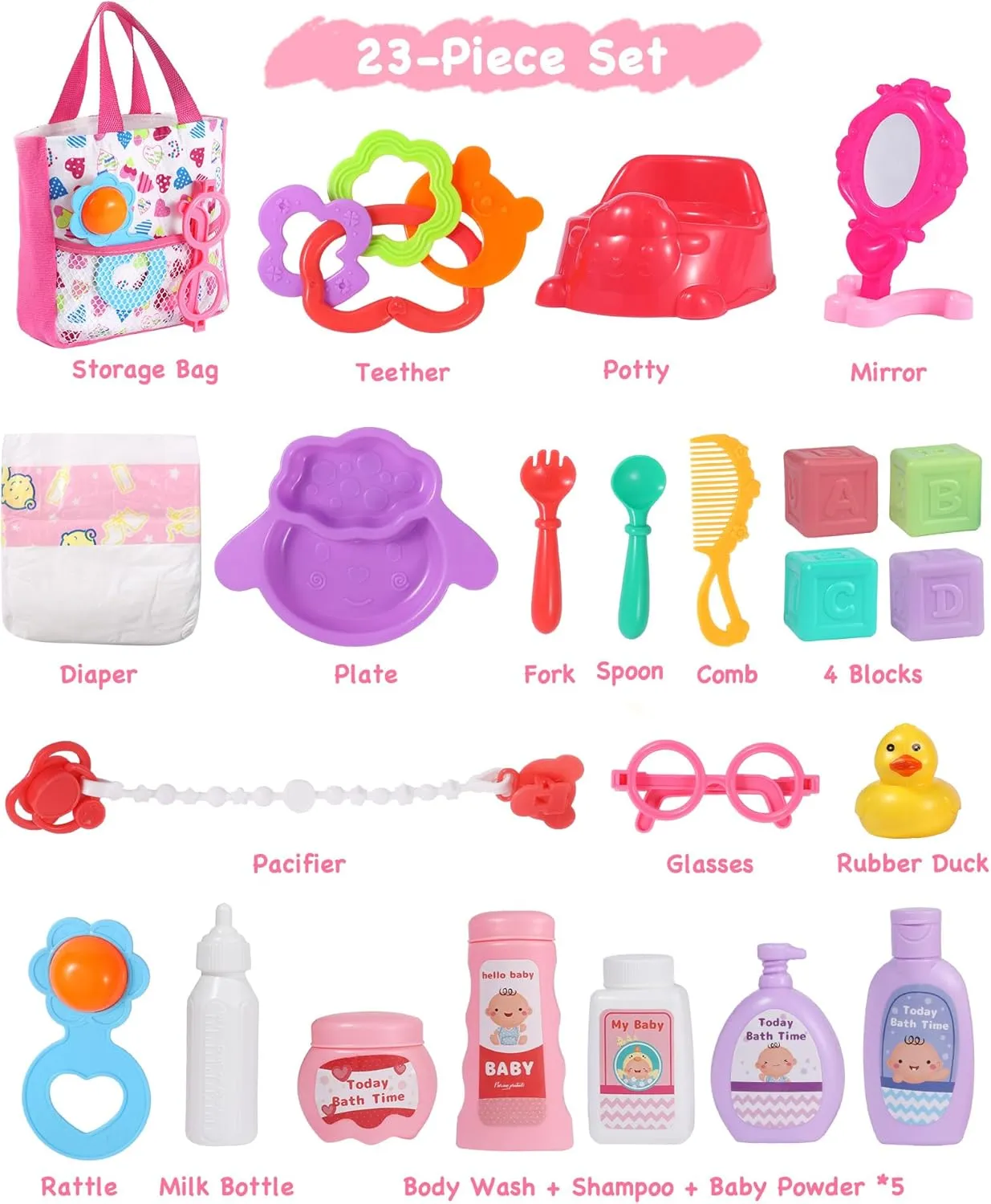 GAGAKU 23 Pack Baby Doll Accessories Set Baby Doll Feeding and Caring Set Includes Diaper Bag,Doll Diapers,Toys, Bottles,Pretend Play Set,Shower,Eating,and More, Perfect for Kids Toddlers and Girls