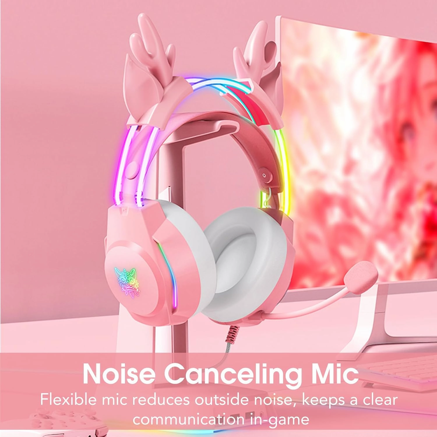 Gaming Headset with Microphone, Deer Ears Headphones for PC Laptop PS4 PS5 Xbox Switch, Rainbow RGB Lighting & Virtual Surround Sound, 3.5mm Over Ear Headphones, Ergonomic