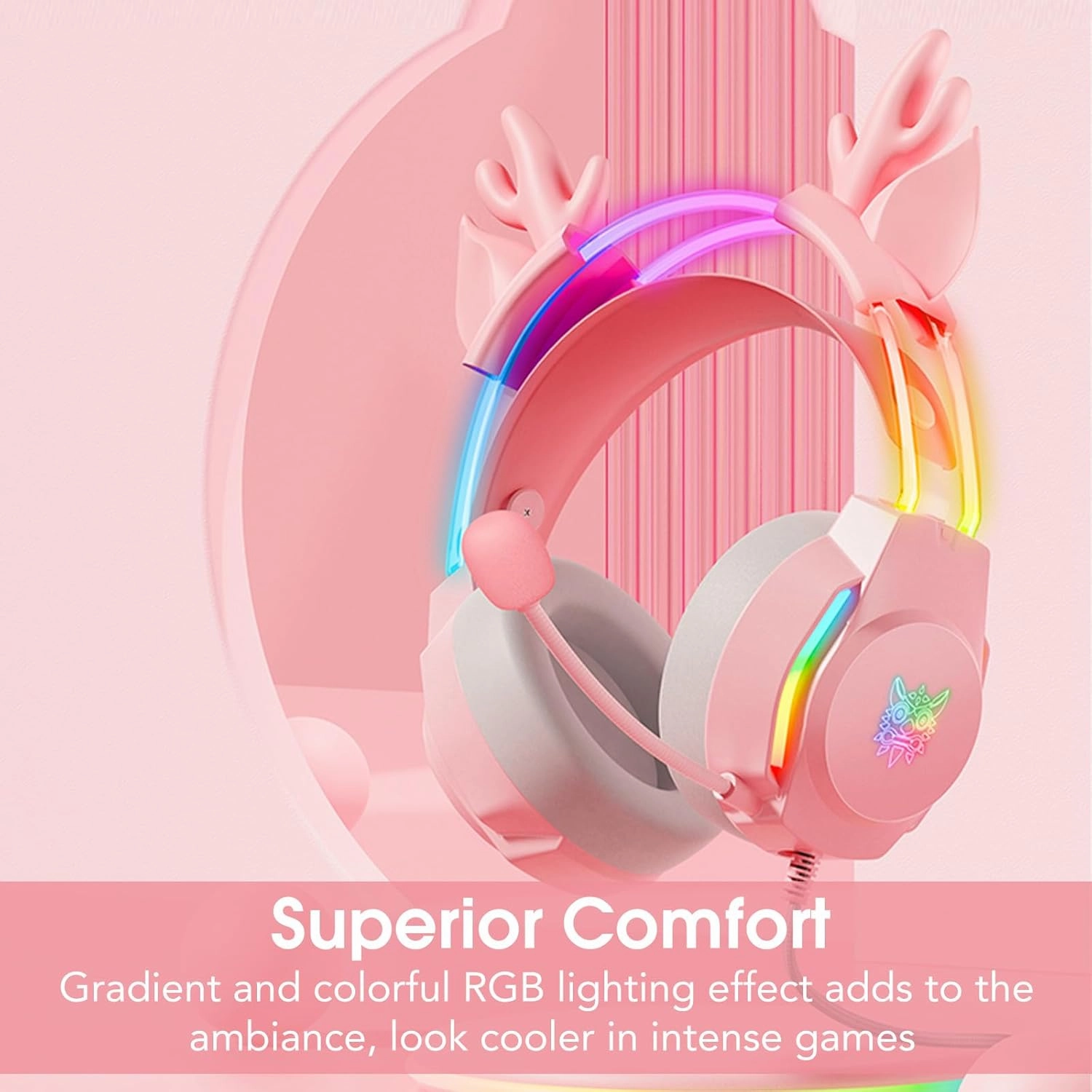 Gaming Headset with Microphone, Deer Ears Headphones for PC Laptop PS4 PS5 Xbox Switch, Rainbow RGB Lighting & Virtual Surround Sound, 3.5mm Over Ear Headphones, Ergonomic