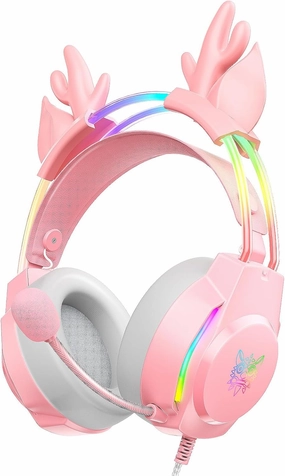 Gaming Headset with Microphone, Deer Ears Headphones for PC Laptop PS4 PS5 Xbox Switch, Rainbow RGB Lighting & Virtual Surround Sound, 3.5mm Over Ear Headphones, Ergonomic