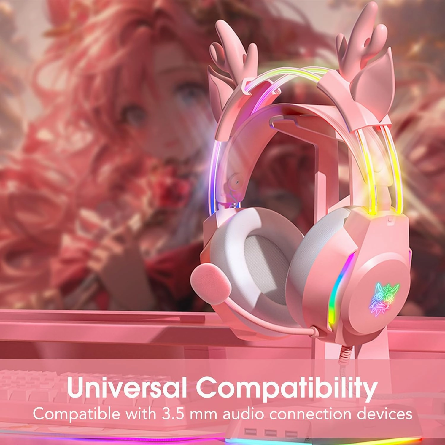 Gaming Headset with Microphone, Deer Ears Headphones for PC Laptop PS4 PS5 Xbox Switch, Rainbow RGB Lighting & Virtual Surround Sound, 3.5mm Over Ear Headphones, Ergonomic
