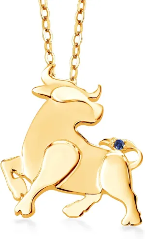 Gem Stone King 18K Yellow Gold Plated Silver Blue Created Sapphire Chinese Zodiac New Year Ox Pendant Necklace For Women By Keren Hanan with 18 Inch Chain