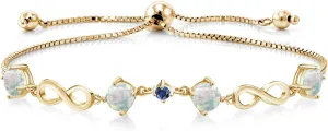 Gem Stone King 2.05 Ct Round Cabochon White Simulated Opal Blue Created Sapphire 18K Yellow Gold Plated Silver Keren Hanan Women Adjustable Infinity Tennis Link Bracelet