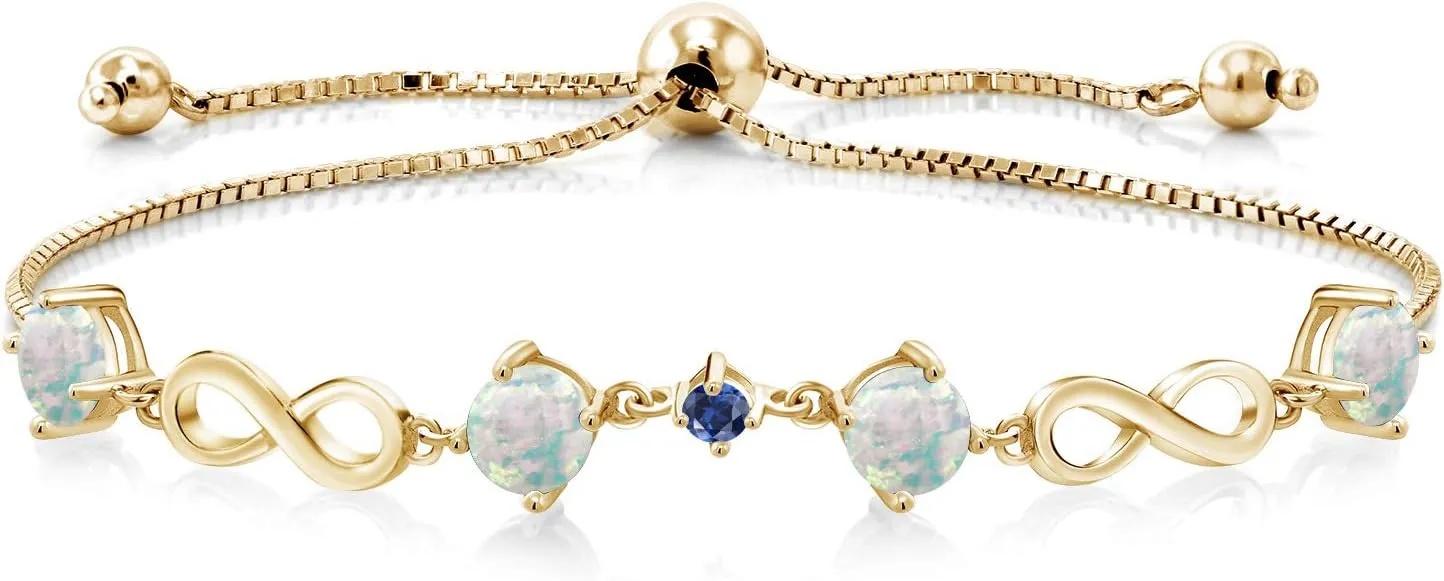 Gem Stone King 2.05 Ct Round Cabochon White Simulated Opal Blue Created Sapphire 18K Yellow Gold Plated Silver Keren Hanan Women Adjustable Infinity Tennis Link Bracelet
