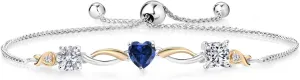 Gem Stone King 925 Silver and 10K Yellow Gold Blue Created Sapphire and Lab Grown Diamond Bracelet For Women By Keren Hanan | 2.02 Cttw | Round 5MM | Fully Adjustable 9 Inch