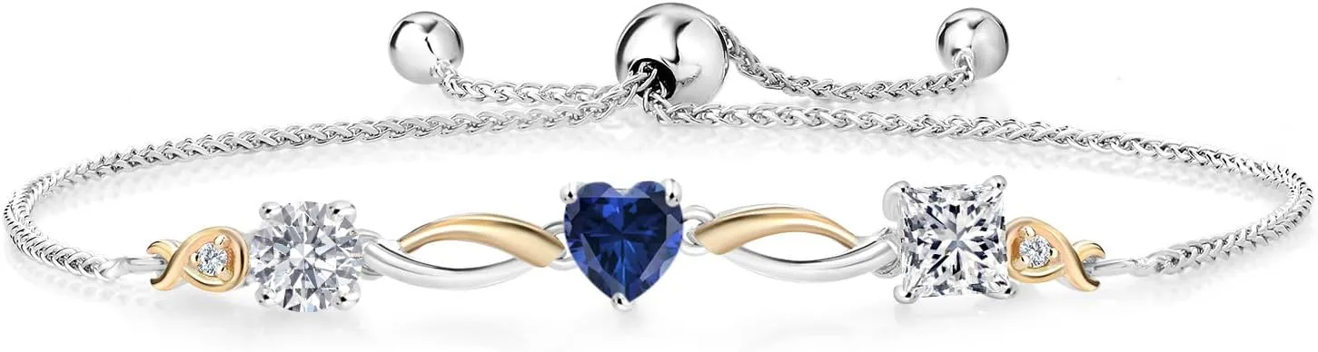 Gem Stone King 925 Silver and 10K Yellow Gold Blue Created Sapphire and Lab Grown Diamond Bracelet For Women By Keren Hanan | 2.02 Cttw | Round 5MM | Fully Adjustable 9 Inch
