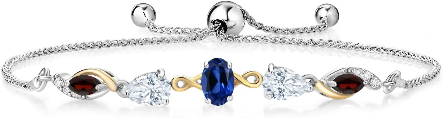 Gem Stone King 925 Silver and 10K Yellow Gold Blue Created Sapphire White Moissanite Red Garnet and Lab Grown Diamond Tennis Bracelet for Women By Keren Hanan (1.76 cttw, Adjustable Up To 9 Inch)