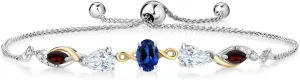 Gem Stone King 925 Silver and 10K Yellow Gold Blue Created Sapphire White Moissanite Red Garnet and Lab Grown Diamond Tennis Bracelet for Women By Keren Hanan (1.76 cttw, Adjustable Up To 9 Inch)