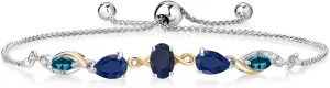 Gem Stone King 925 Silver and 10K Yellow Gold Blue Sapphire and London Blue Topaz and Lab Grown Diamond Tennis Bracelet for Women By Keren Hanan (1.96 cttw, Adjustable Up To 9 Inch)