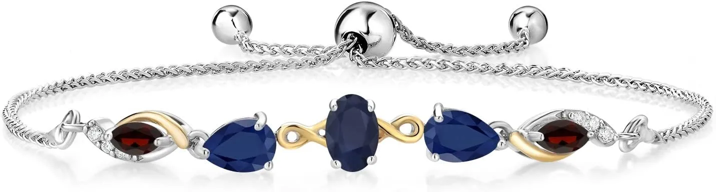 Gem Stone King 925 Silver and 10K Yellow Gold Blue Sapphire and Red Garnet and Lab Grown Diamond Tennis Bracelet for Women By Keren Hanan (1.92 cttw, Adjustable Up To 9 Inch)