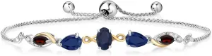 Gem Stone King 925 Silver and 10K Yellow Gold Blue Sapphire and Red Garnet and Lab Grown Diamond Tennis Bracelet for Women By Keren Hanan (1.92 cttw, Adjustable Up To 9 Inch)
