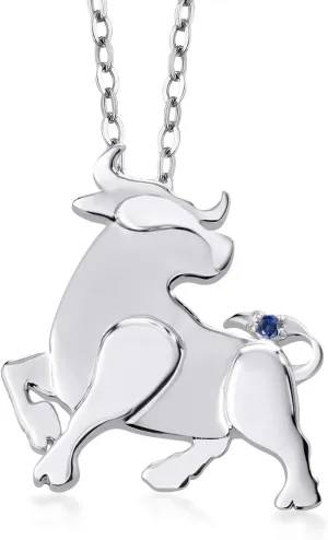 Gem Stone King 925 Sterling Silver Blue Created Sapphire Chinese Zodiac New Year Ox Pendant Necklace For Women By Keren Hanan with 18 Inch Chain
