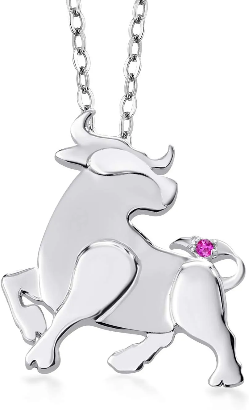 Gem Stone King 925 Sterling Silver Pink Sapphire Chinese Zodiac New Year Ox Pendant Necklace For Women By Keren Hanan with 18 Inch Chain