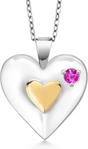 Gem Stone King Keren Hanan 0.13 Ct Round Pink Sapphire 18K Yellow Gold Plated Silver 2 Heart Love Treasure Pendant Necklace for Women With Chain
