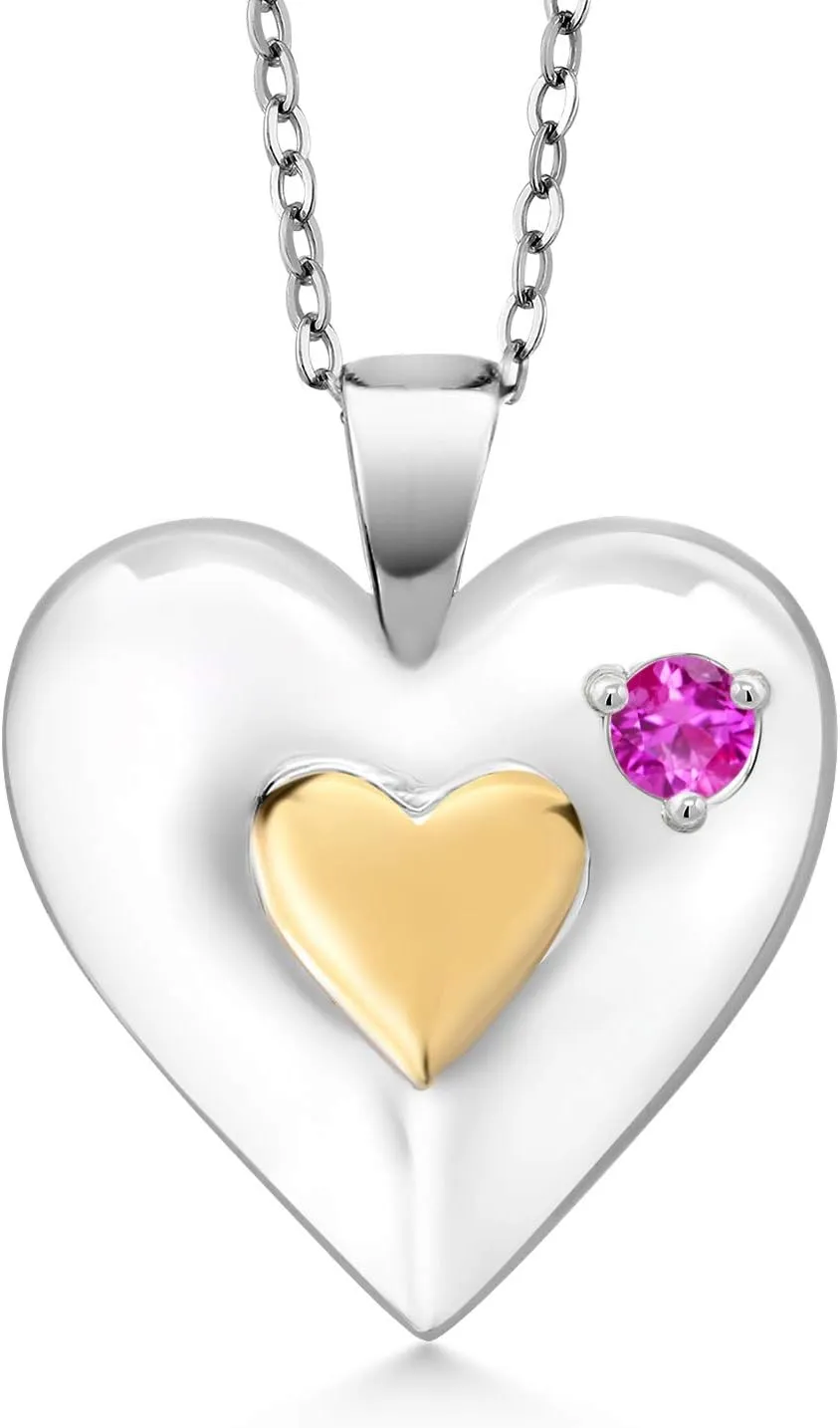 Gem Stone King Keren Hanan 0.13 Ct Round Pink Sapphire 18K Yellow Gold Plated Silver 2 Heart Love Treasure Pendant Necklace for Women With Chain