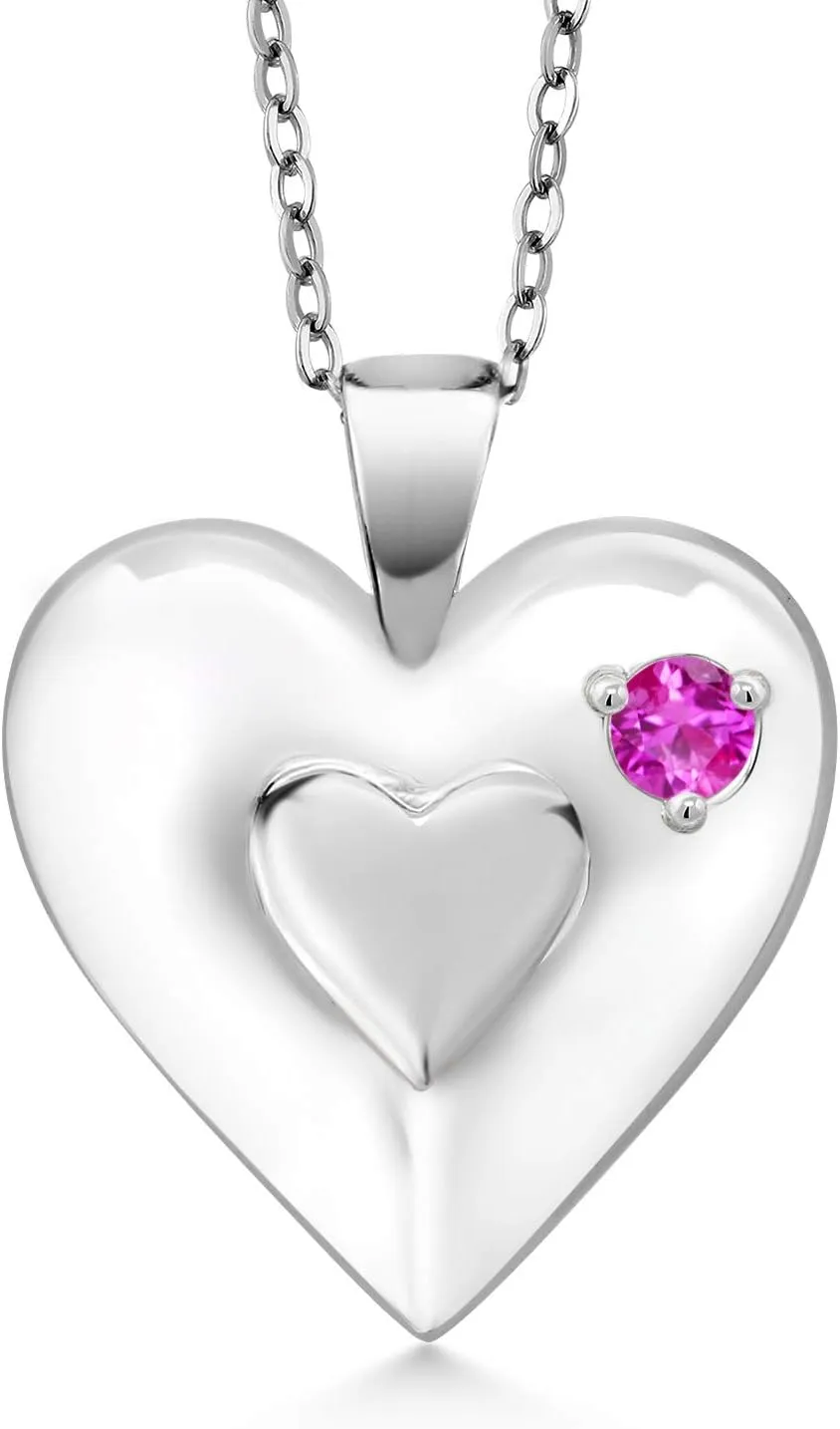 Gem Stone King Keren Hanan 0.13 Ct Round Pink Sapphire 925 Sterling Silver 2 Heart Love Treasure Pendant Necklace for Women With Chain