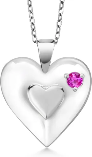 Gem Stone King Keren Hanan 0.13 Ct Round Pink Sapphire 925 Sterling Silver 2 Heart Love Treasure Pendant Necklace for Women With Chain