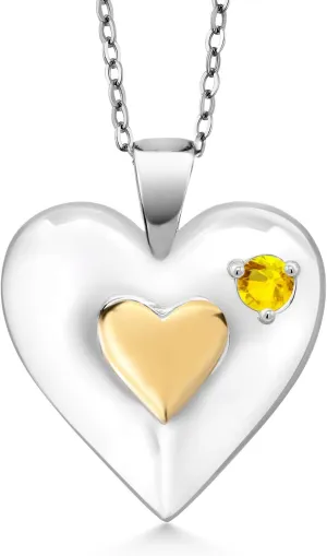Gem Stone King Keren Hanan 0.13 Ct Round Yellow Sapphire 18K Yellow Gold Plated Silver 2 Heart Love Treasure Pendant Necklace for Women With Chain