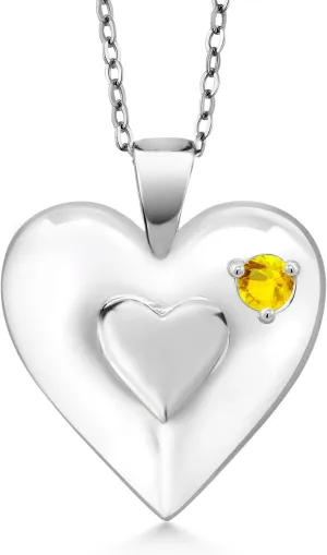 Gem Stone King Keren Hanan 0.13 Ct Round Yellow Sapphire 925 Sterling Silver 2 Heart Love Treasure Pendant Necklace for Women With Chain