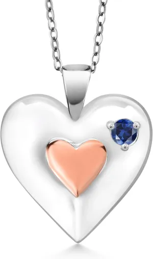 Gem Stone King Keren Hanan 0.14 Ct Blue Created Sapphire 18K Rose Gold Plated Silver 2 Heart Love Treasure Pendant Necklace for Women With Chain